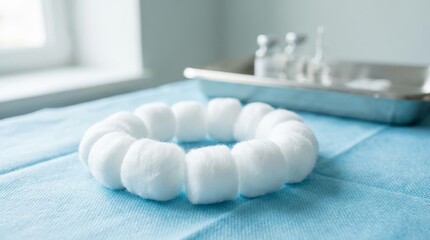 Medical cotton balls arranged in circle on blue cloth