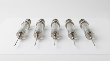 Five vintage glass syringes with needles displayed in a row