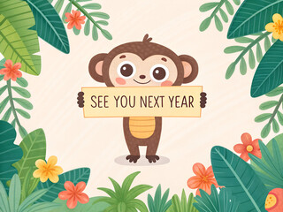 Cute Monkey Says See You Next Year Illustration