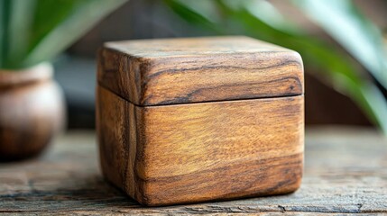 A close-up shot of a wooden box sitting on a wooden table, with plants in the background, lit by warm light.