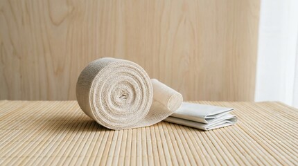 Rolled bandage for medical wound care on wooden surface