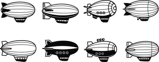 Black and white illustrations of various airships and zeppelins in a row © Tm Studio