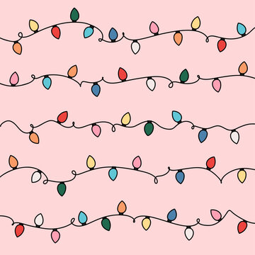 Seamless Decorative Bulb String Holiday Garland Set. Collection of Christmas and Hanukkah Multicolor Lights on Pink Background