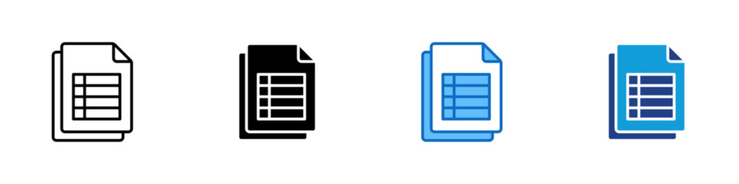 Spreadsheet Multiple Style Icon Design Vector - sheet with a grid, representing table data, worksheet, or structured information