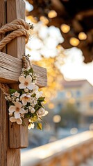A wooden cross decorated with white flowers and rope, set against a blurred background of a building and trees, bathed in sunlight.