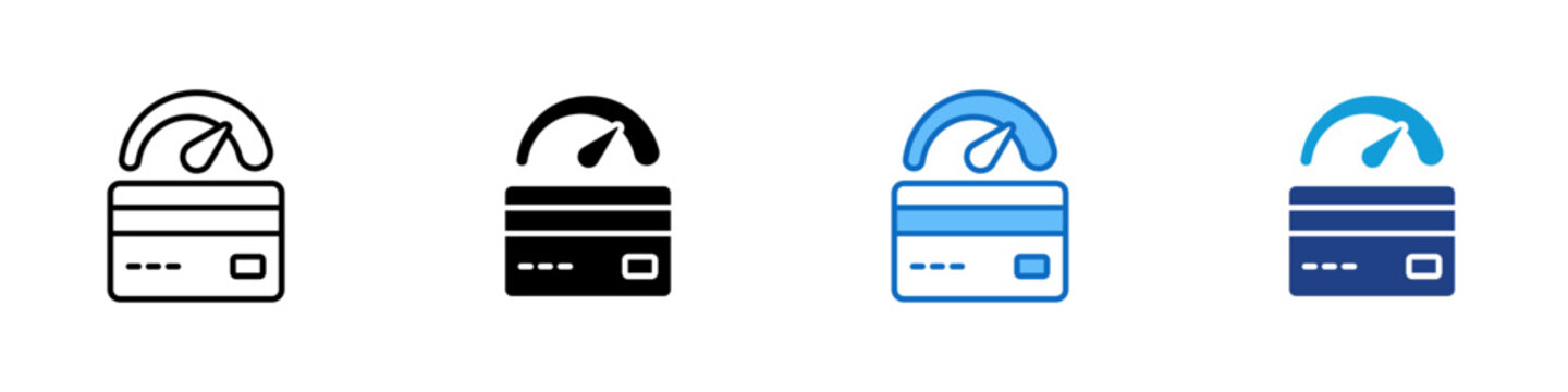 Credit Limit Multiple Style Icon Design Vector - credit card with a speed gauge, symbolizing spending limit, usage, or financial capacity