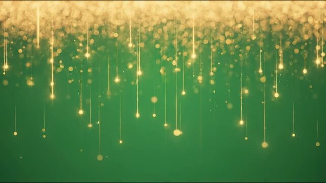 Elegant falling gold particle streaks on chroma green with shimmering bokeh motion, seamless keyable overlay for luxury titles