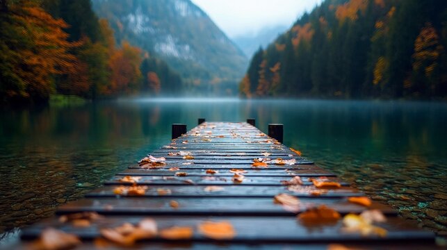 A wooden pier extends into a calm lake, surrounded by autumn foliage and mountains. The scene evokes a sense of peace and tranquility. - Powered by Adobe