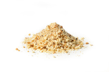 Rustic breadcrumbs on a white background, ideal for creating crunchy, homemade-style coatings and textured culinary preparations.