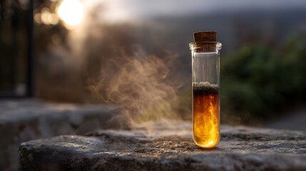 Naklejka premium A test tube containing a glowing dark liquid with swirling mist set against a golden hour background