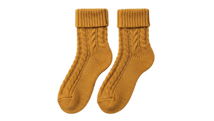 Isolated pair of warm, fashionable mustard-yellow socks with cable pattern, cuff, ribbed trim