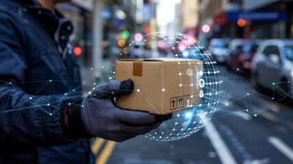 Delivery worker holding cardboard box with digital globe overlay
