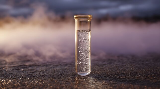A glass test tube with bubbles stands on textured ground amidst swirling mist illuminated by golden dawn light - Powered by Adobe