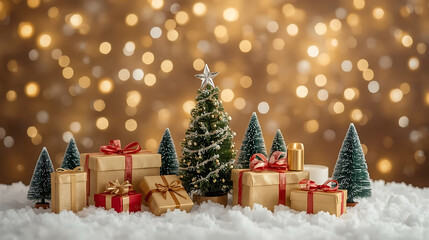 Magical Christmas gifts and trees arranged on soft snow with sparkling bokeh lights, perfect for holiday promotions and festive greeting cards