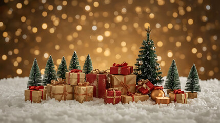Festive Christmas gifts and miniature trees create a warm, nostalgic holiday scene, perfect for seasonal greetings, marketing, or crafting a cozy atmosphere