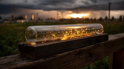 A glass tube filled with golden particles rests on rustic wood against a dramatic sunset with distant lightning
