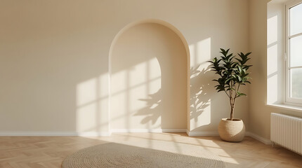 Sunlit modern interior with arch, plant, and soft shadows offers a bright, calming, and elegant space for lifestyle, design, or architectural projects