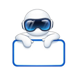 White cartoon character wearing goggles holding a blank sign isolated on transparent background