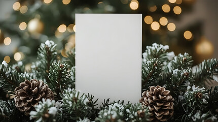 Elegant blank card amidst frosted Christmas tree branches and pinecones, perfect for holiday greetings, invitations, and festive announcements this season