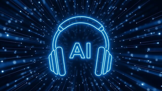 AI Powered Audio Future Headphones Illuminated with Digital Data Streams representing a Paradigm Shift in Technological Convergence and Intelligent Sound Processing