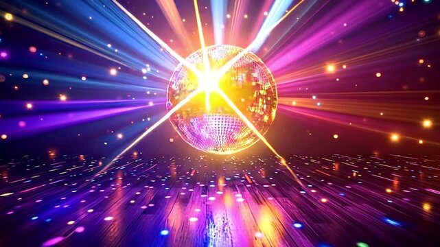 Glittering mirror ball rotating and reflecting vibrant, colorful light beams over a wooden dance floor in a nightclub, creating a dynamic and festive party atmosphere for dancing and celebration