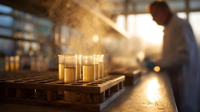Laboratory test tubes filled with yellow liquid emit steam in warm golden hour light as a scientist works