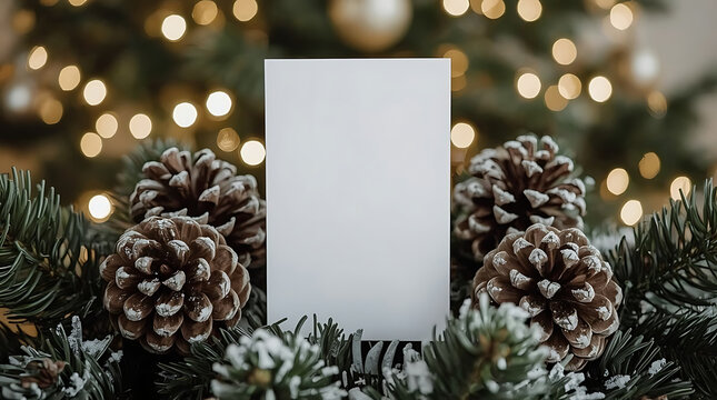 Create festive holiday cheer with this blank card mockup nestled among pinecones and evergreen boughs, perfect for invitations or greetings this season - Powered by Adobe