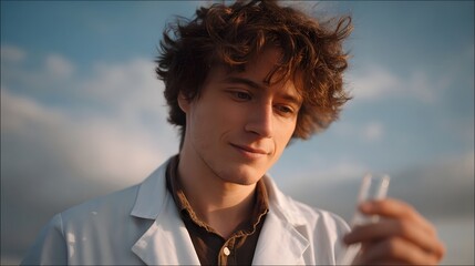 A young scientist in a white lab coat thoughtfully holds a glass test tube outdoors under a cloudy sky