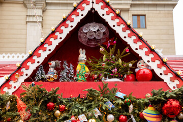Moscow, Russia - 12.26.2024: Holiday decorations of Moscow. Concept of decorations and decor for the New Year. Manezhnaya Square. Characters from the children's show "Good Night Little Ones"