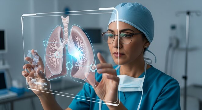 Indian doctor using AI augmented reality screen to analyze lungs diagnosis