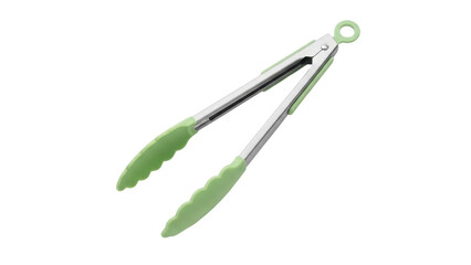 Isolated stainless steel cooking tongs with pale green silicone grips, on a clean surface