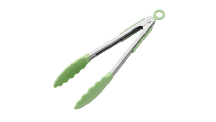 Isolated stainless steel cooking tongs with pale green silicone grips, on a clean surface