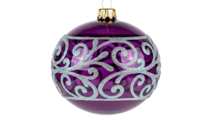 Isolated fancy purple bauble, sparkling silver decoration and golden cap for seasonal tree