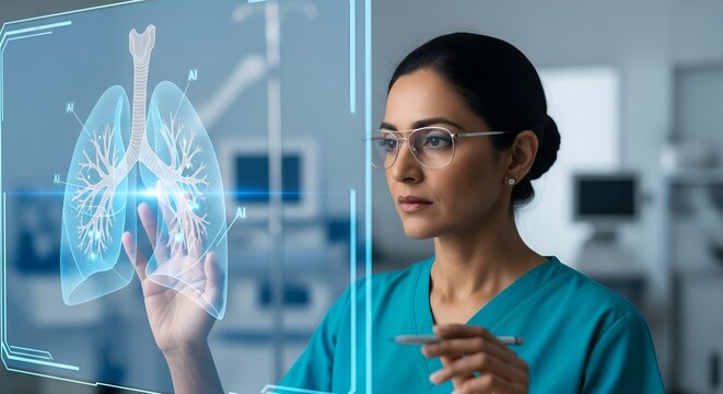 Indian female doctor analyzing AI augmented reality lungs with a stylus