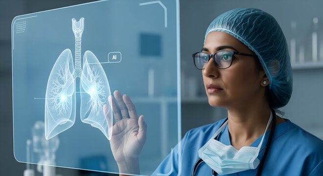 Indian woman doctor using AI augmented reality to analyze lungs