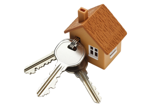 Tiny wooden house model attached to a set of house keys on a transparent background