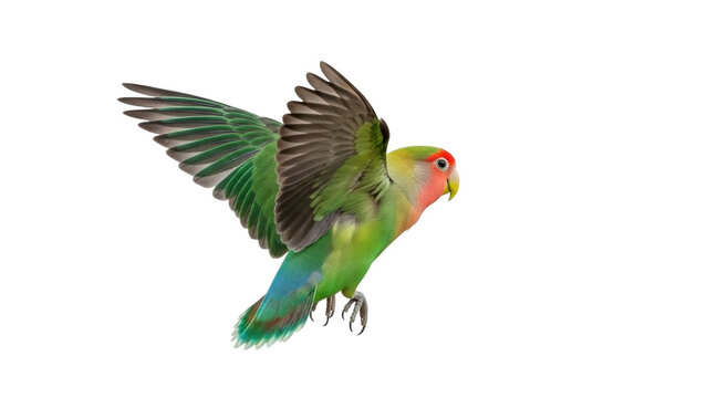 Isolated Peach-faced Lovebird, colorful parrot lifting wings and about to take flight, close-up
