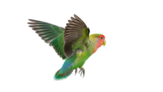 Isolated Peach-faced Lovebird, colorful parrot lifting wings and about to take flight, close-up