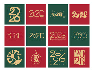 2026 Numbers Happy New Year card set. Red and green design template. Logo text. Vector illustration