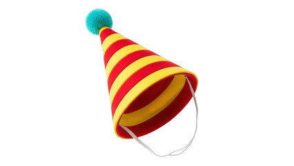 Fototapeta premium Isolated party hat with red and yellow stripes and a teal pompom on top, ready to celebrate