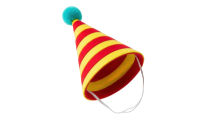 Isolated party hat with red and yellow stripes and a teal pompom on top, ready to celebrate