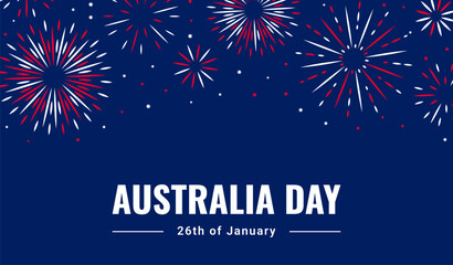 Australia day greeting banner template. Vector illustration in flat style for card, web with national flag color fireworks. Holiday 26 January text on blue background