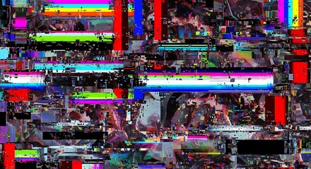 Abstract digital glitch art with horizontal color bars and pixelated blocks in red blue green yellow white and black