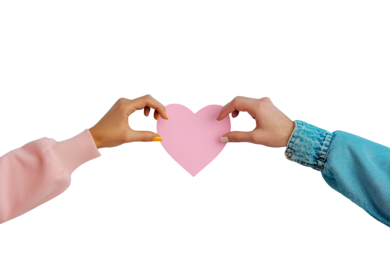 Two hands holding a pink paper heart against a transparent background