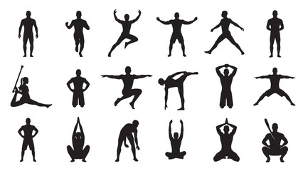Collection of black vector athletic silhouettes doing fitness exercises and yoga