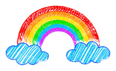Rainbow with clouds crayon pencil hand drawn chalk drawing. Vector illustration in kids sketch style with pastel chalk texture.