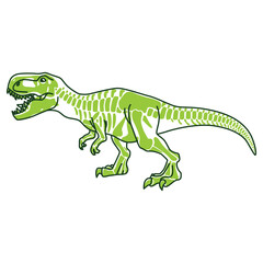 Green cartoon tyrannosaurus rex skeleton illustration in detailed bold outline style