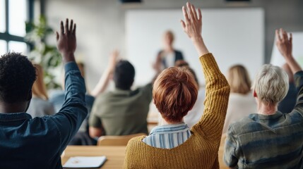 Mixed-age participants raising their hands during classroom-style session. Diverse audience actively engaging with speaker in educational or professional training environment