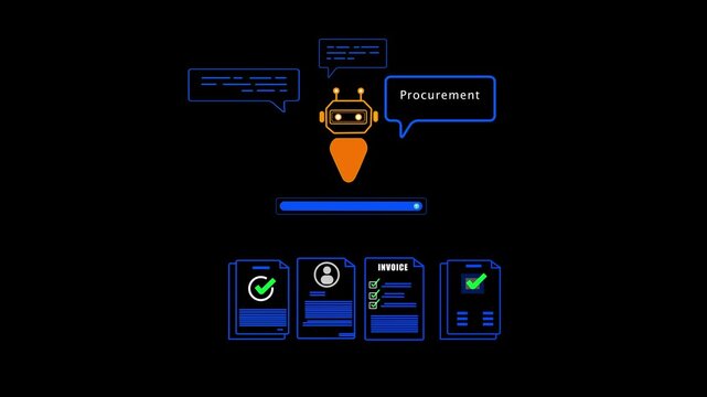 AI-powered procurement system concept with chatbot and digital invoice icons on mobile device, representing automation in B2B purchasing and mobile supply chain management solutions.