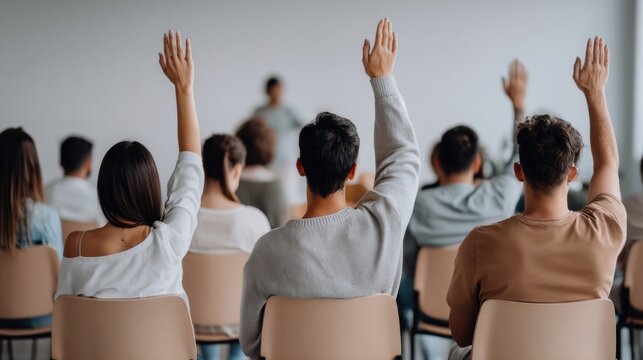 Young adults sitting in modern classroom with raised hands, showing active participation and interest. Diverse students engaged in learning, teamwork and group instruction